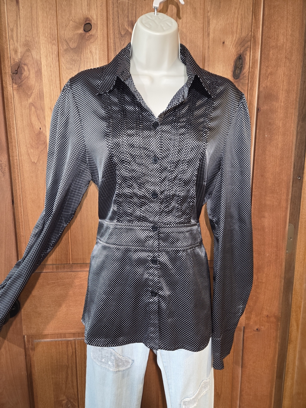 Lapis Anthropologie Black Satin Microdot Button-Down Blouse